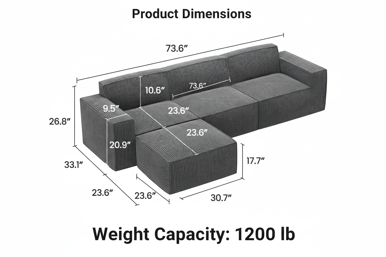 105” Cloud Sectional Couch - Modular Corduroy L-Shaped Sofa - Boneless Deep Seat Couch with Chaise - No Assembly Required - Dark Grey Multi Market World Inc.