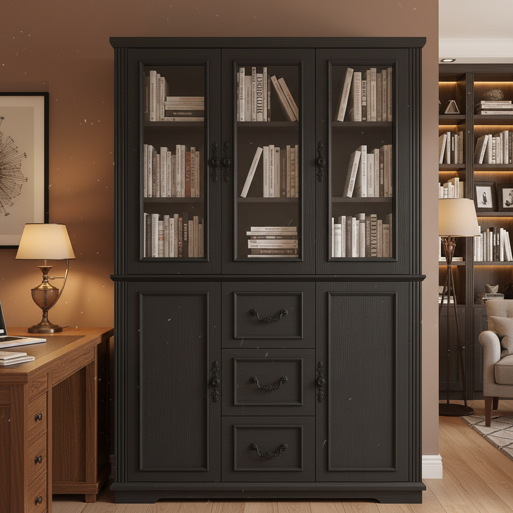 47.2" Large Kitchen Pantry Cabinet with Glass Doors, Hutch, and Drawers - Black Wood Grain Storage Cupboard for Dining Room and Living Room Multi Market World Inc.