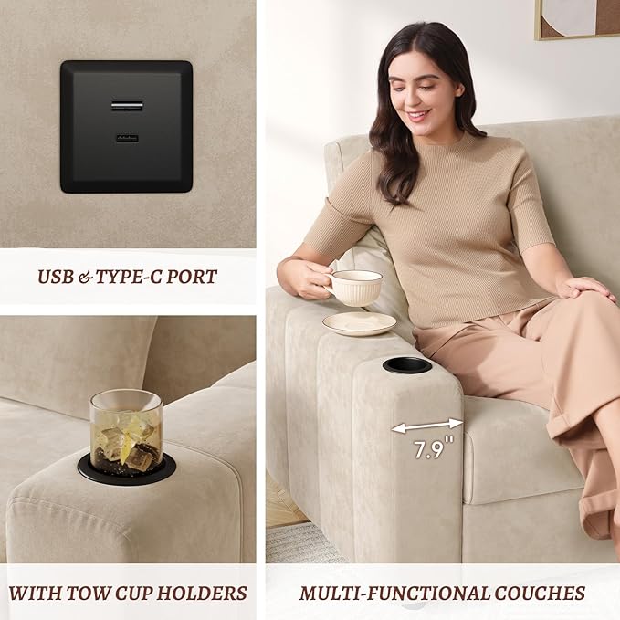 72.5 Inch Modern Velvet Sofa Couch, 2-Seater Loveseat with Hidden Storage Base, USB & Type-C Charging Ports, for Living Room (Cream) (fd) Multi Market World Inc.