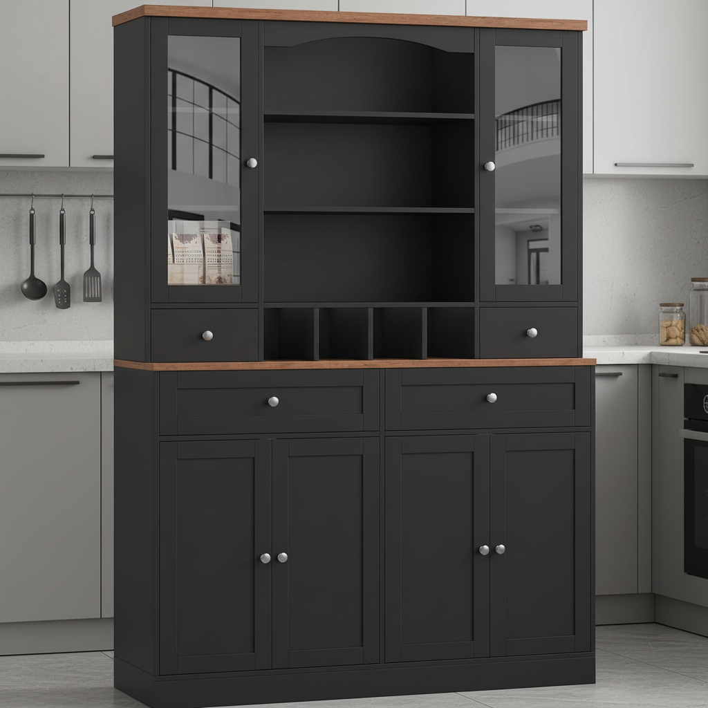 180cm Height Large Storage Cabinet with Glass Doors, Hutch, and Drawers – Black & Wood Finish Multi Market World Inc.