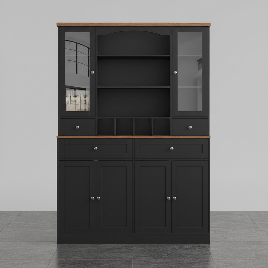180cm Height Large Storage Cabinet with Glass Doors, Hutch, and Drawers – Black & Wood Finish Multi Market World Inc.