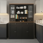A black wooden hutch cabinet with a light brown wood top, featuring two glass-front upper doors, open shelves, a wine bottle storage niche, and two lower cabinet doors with silver knobs, set against a neutral gray background.