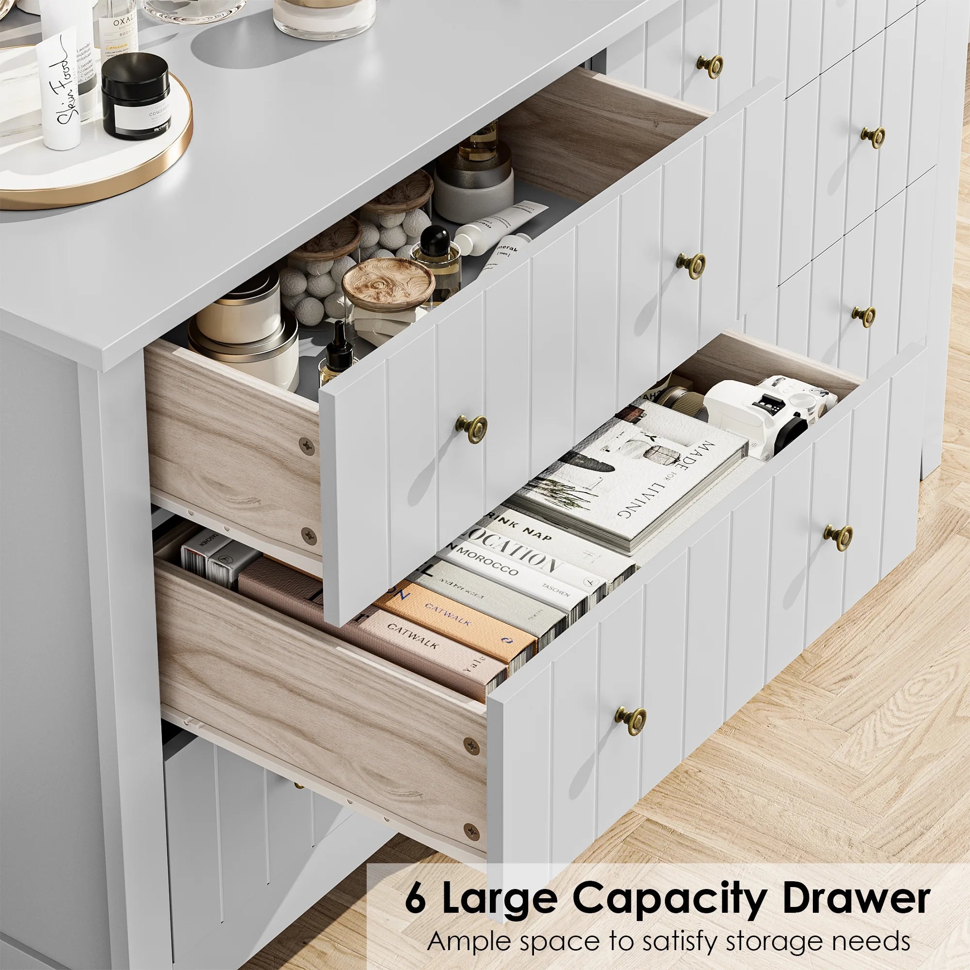 6-Drawer Dresser, Chest of Drawers with Round Handle, Bedroom Storage Cabinet, Light Grey Multi Market World Inc.