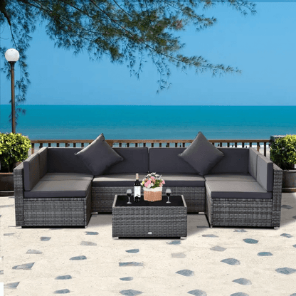 7 Pieces Outdoor Rattan Furniture Set, Patio Wicker Sectional Conversation Sofa Set w/ Cushions & Coffee Table