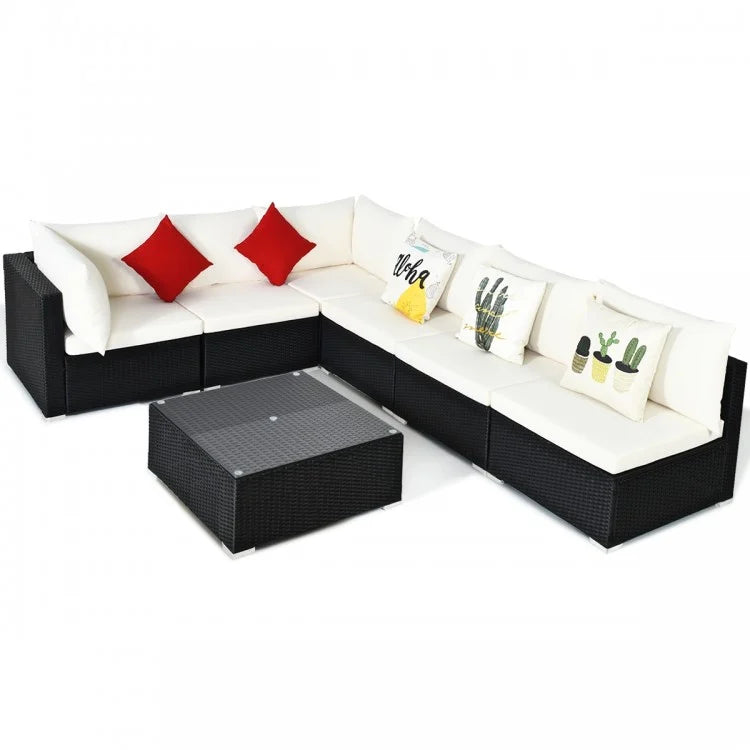 MMW 7 Pieces Outdoor Patio Wicker Sectional Conversation Sofa Set w/ Cushions & Coffee Table, Off-White