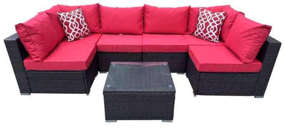 MMW 7 Pieces Outdoor Patio Wicker Sectional Conversation Sofa Set w/ Cushions & Coffee Table, Red
