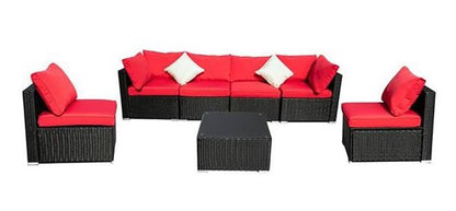 MMW 7 Pieces Outdoor Patio Wicker Sectional Conversation Sofa Set w/ Cushions & Coffee Table, Red