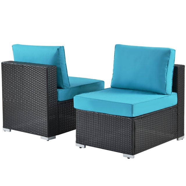 MMW 7 Pieces Outdoor Patio Wicker Sectional Conversation Sofa Set w/ Cushions & Coffee Table, Tiffany Blue