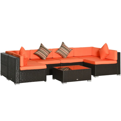 7 Pieces Outdoor Rattan Furniture Set, Patio Wicker Sectional Conversation Sofa Set w/ Cushions & Coffee Table