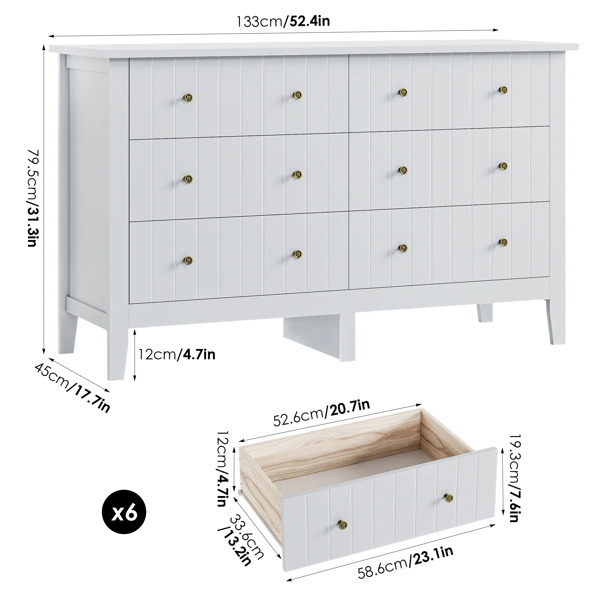 6-Drawer Dresser, Chest of Drawers with Round Handle, Bedroom Storage Cabinet, Light Grey Multi Market World Inc.