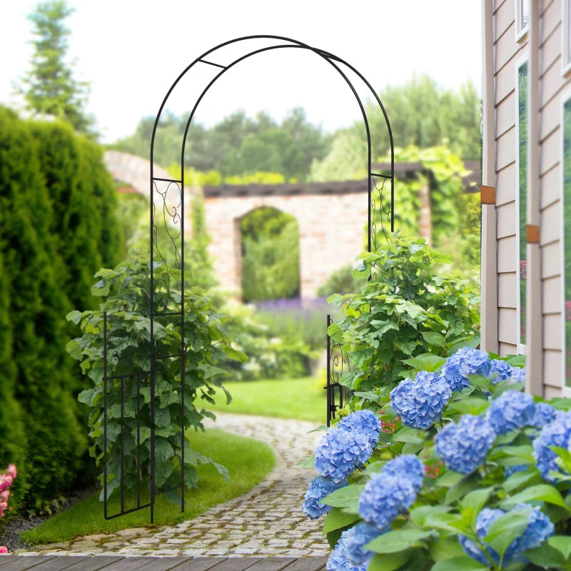 Metal Garden Arch with Gate, Garden Arbor Trellis for Climbing Plants, Roses, Vines, Wedding Arch, Black Multi Market World Inc.