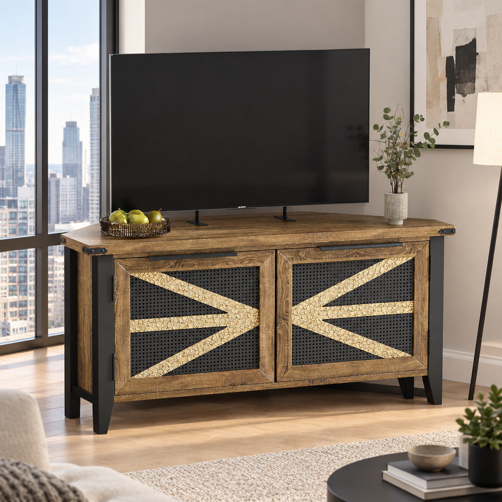 47" Farmhouse Corner TV Stand/ Accent Cabinet with Mesh Doors & Dark Wood Top - White Multi Market World Inc.