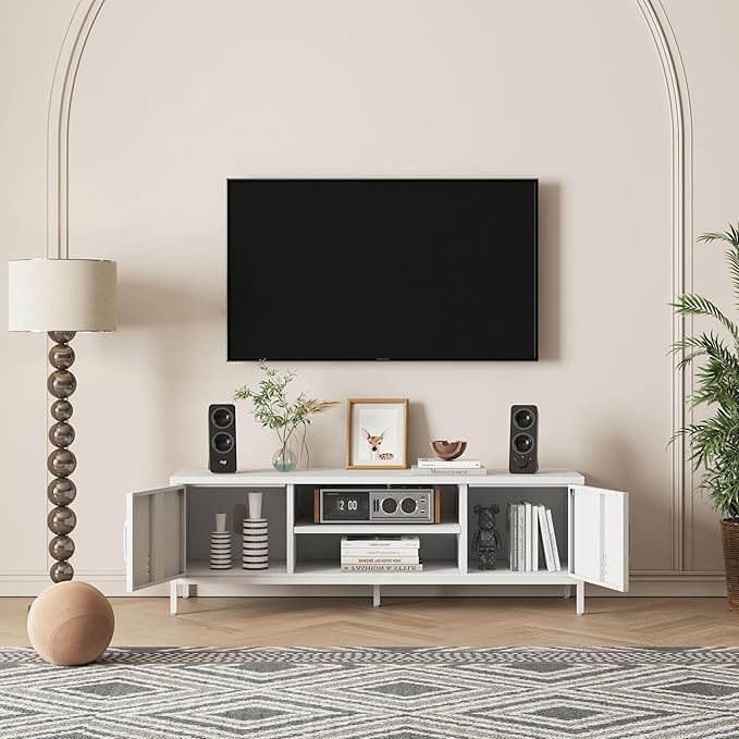 Modern Metal TV Stand for 55–60 Inch TVs – Industrial Style Entertainment Center with Storage Cabinets, Open Shelf, Cable Management & Ventilation, Mid-Century Media Console Table