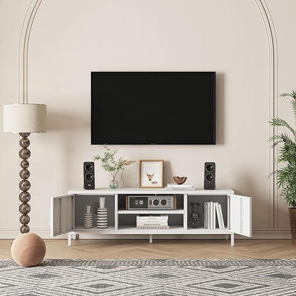 Modern Metal TV Stand for 55–60 Inch TVs – Industrial Style Entertainment Center with Storage Cabinets, Open Shelf, Cable Management & Ventilation, Mid-Century Media Console Table