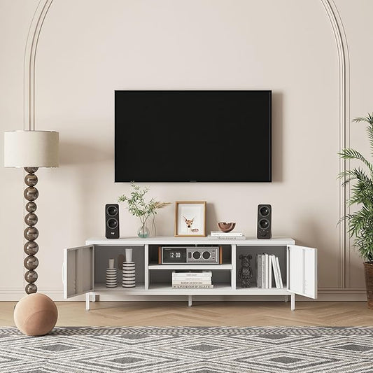 Modern Metal TV Stand for 55–60 Inch TVs – Industrial Style Entertainment Center with Storage Cabinets, Open Shelf, Cable Management & Ventilation, Mid-Century Media Console Table