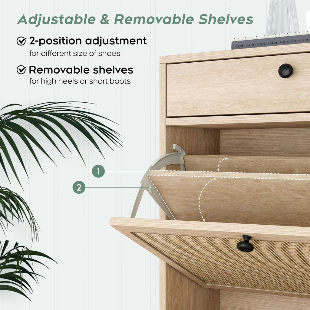 Rattan Shoe Storage Cabinet with 4 Flip Drawers & 2 Top Drawers, Modern Shoe Organizer Entryway Furniture with Metal Legs (fd) Multi Market World Inc.