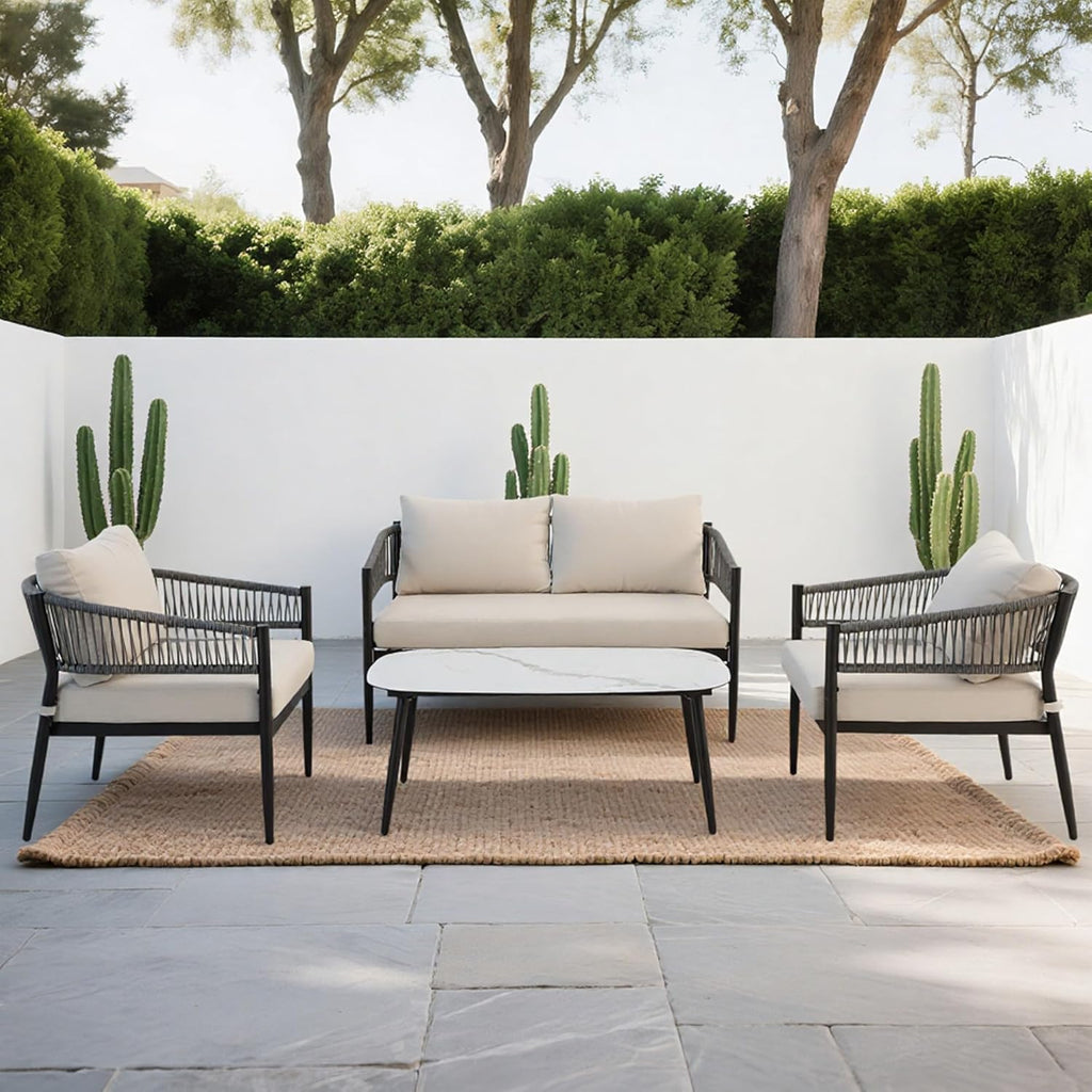 4-Piece Modern Outdoor Patio Furniture Set - All-Weather Rope Loveseat, 2 Accent Chairs, and Faux Marble Coffee Table with 4.5" Thick Cushions Multi Market World Inc.