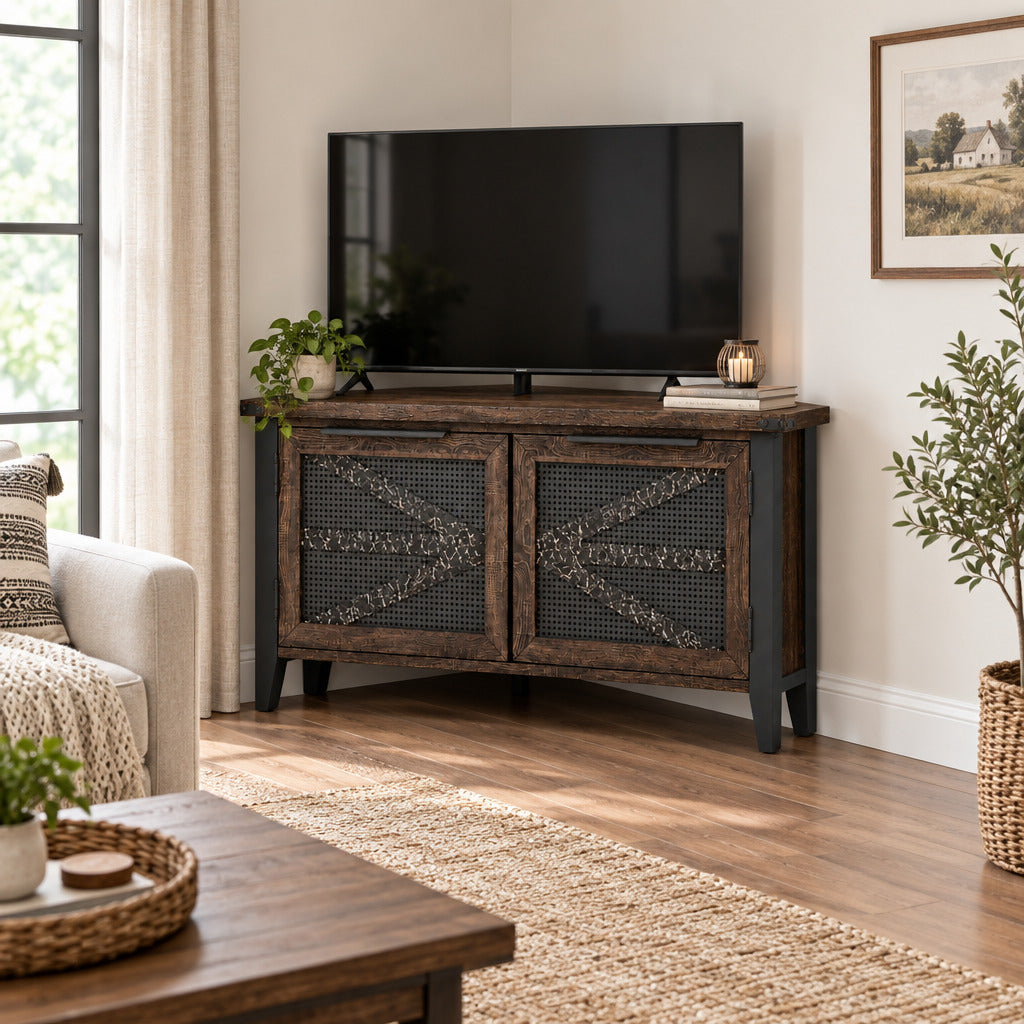 47" Farmhouse Corner TV Stand/ Accent Cabinet with Mesh Doors & Dark Wood Top - White Multi Market World Inc.