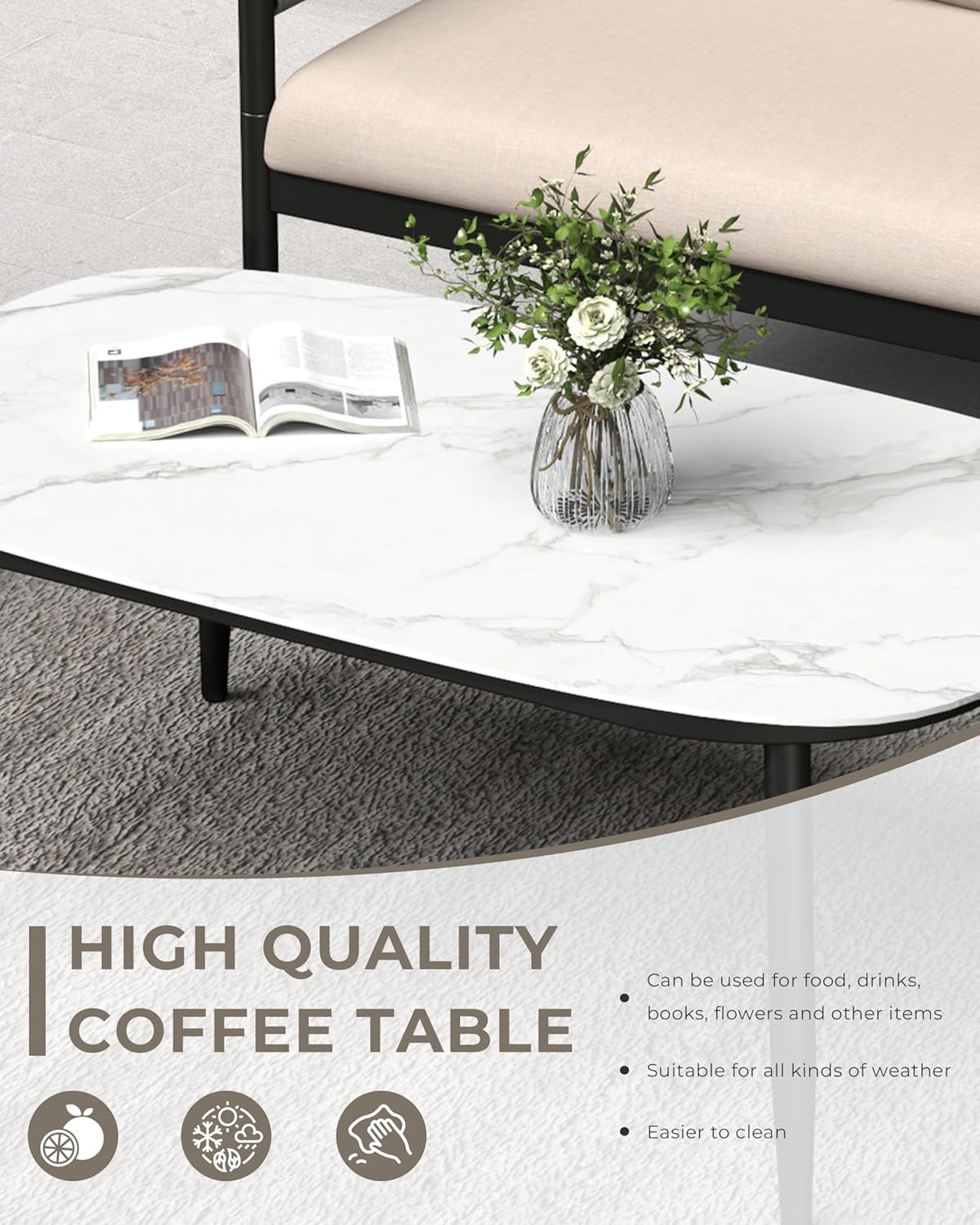 4-Piece Modern Outdoor Patio Furniture Set - All-Weather Rope Loveseat, 2 Accent Chairs, and Faux Marble Coffee Table with 4.5" Thick Cushions Multi Market World Inc.