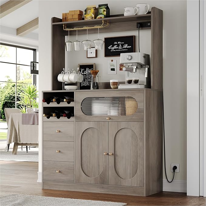 Kitchen Pantry Storage Cabinet with Hutch, Buffet Cabinet with Storage, Coffee Bar Cabinets with Power Outlets, Microwave Stand, Wine Racks, Wash Gray