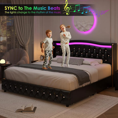 King Smart LED Platform Bed Frame with 4 Storage Drawers and Crystal Button-Tufted Wingback Headboard, Soft Modern PU Upholstered Bed Frame King Size, No Box Spring Needed, Easy Assembly, Black
