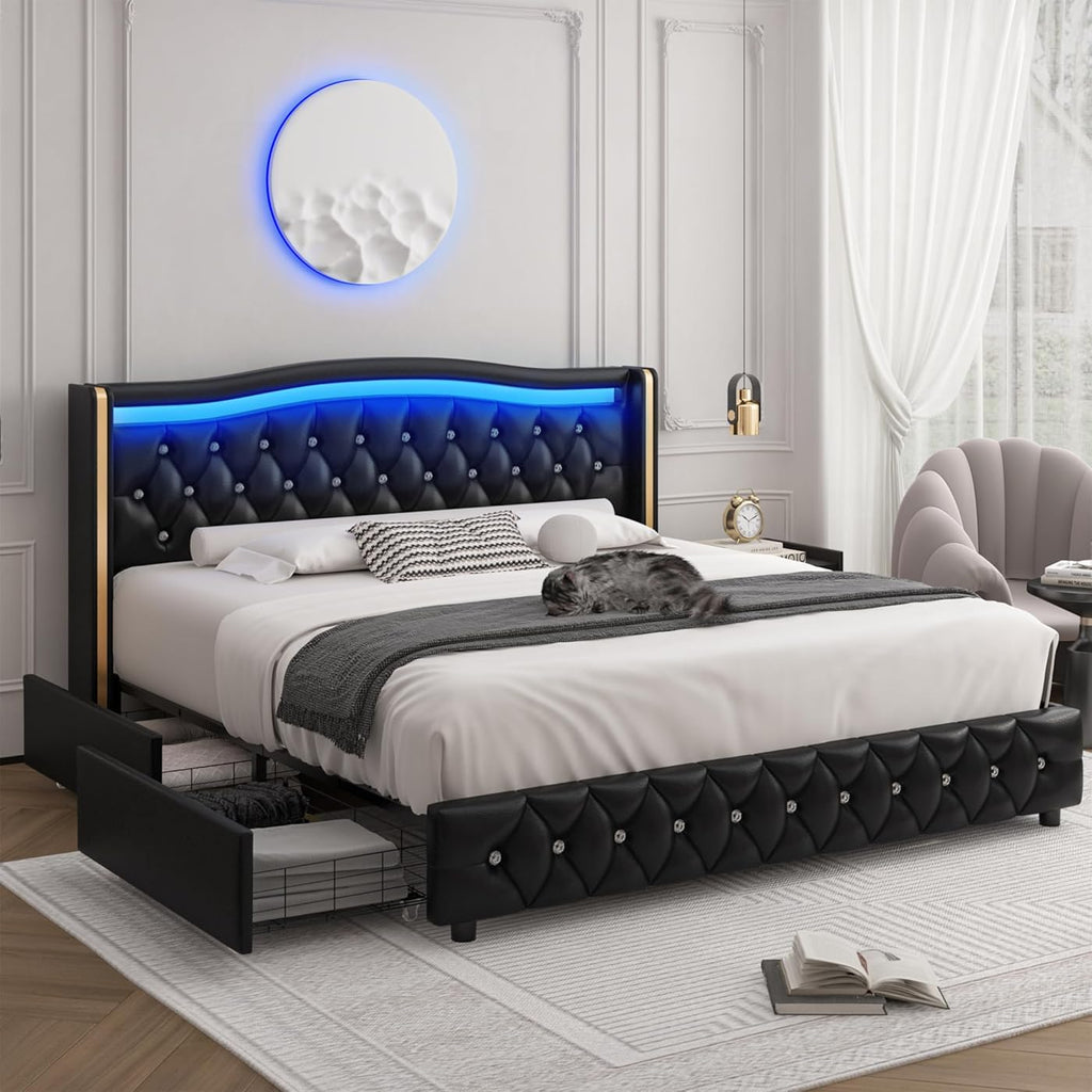 King Smart LED Platform Bed Frame with 4 Storage Drawers and Crystal Button,PU Black Multi Market World Inc.
