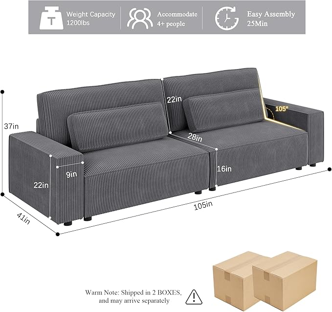 105" Oversized 4-Seater Sofa, Extra Deep Seat 35" Corduroy Couch, Modern Living Room Sleeper, w/ free delivery