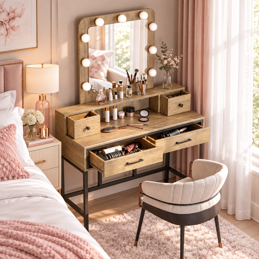 39.37" Makeup Vanity Desk with Lighted Mirror, Wood & Metal Frame, Storage Drawers & LED Bulbs Multi Market World Inc.