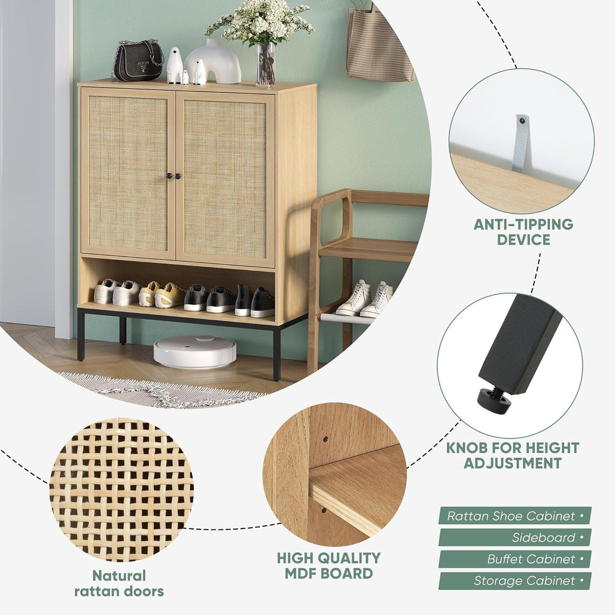 Rattan Shoe Storage Cabinet with 2 Doors, 39.5" Boho Shoe Organizer for Entryway with Adjustable Shelves and Open Cubby (fd) Multi Market World Inc.