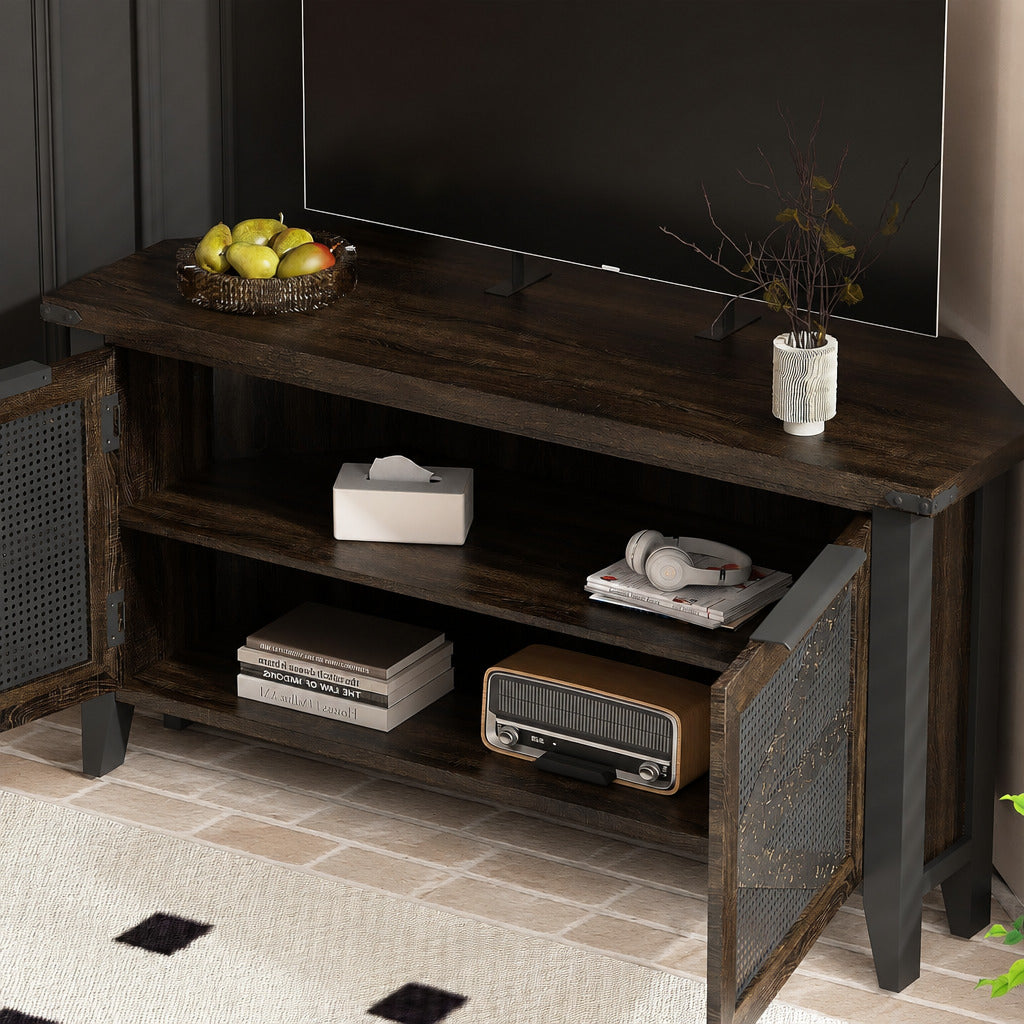 47" Farmhouse Corner TV Stand/ Accent Cabinet with Mesh Doors & Dark Wood Top - White Multi Market World Inc.