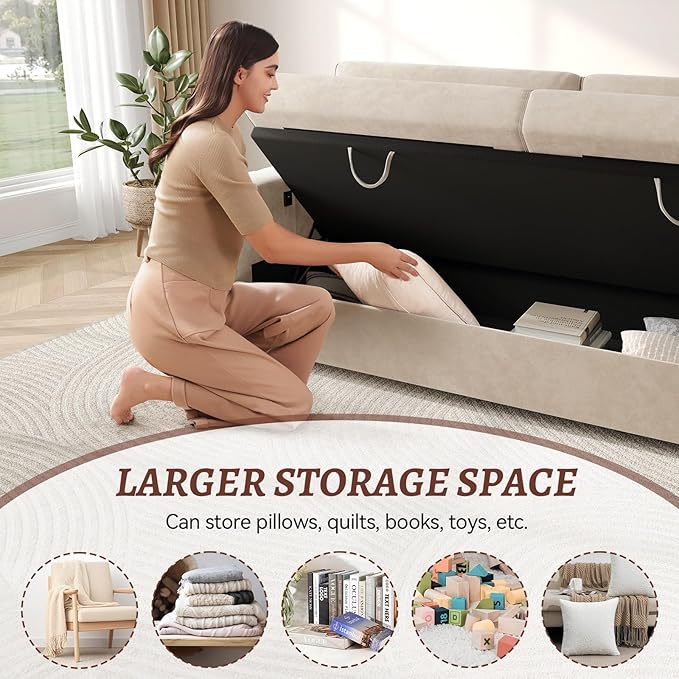 72.5 Inch Modern Velvet Sofa Couch, 2-Seater Loveseat with Hidden Storage Base, USB & Type-C Charging Ports, for Living Room (Cream) (fd) Multi Market World Inc.