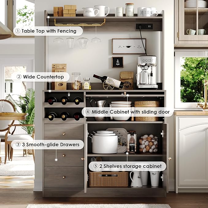 Kitchen Pantry Storage Cabinet with Hutch, Buffet Cabinet with Storage, Coffee Bar Cabinets with Power Outlets, Microwave Stand, Wine Racks, Wash Gray
