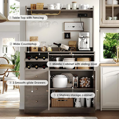 Kitchen Pantry Storage Cabinet with Hutch, Buffet Cabinet with Storage, Coffee Bar Cabinets with Power Outlets, Microwave Stand, Wine Racks, Wash Gray