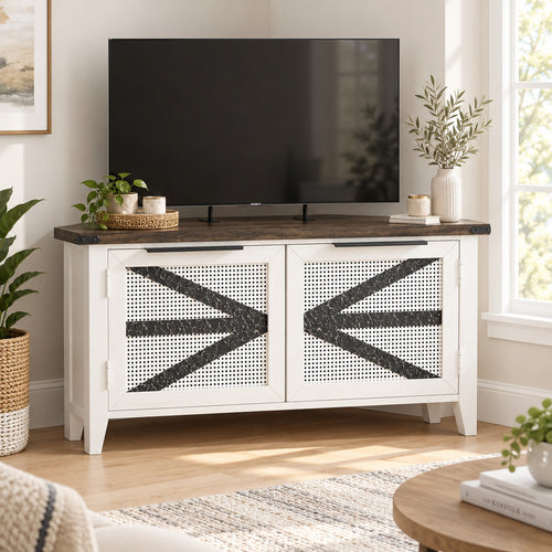 47" Farmhouse Corner TV Stand/ Accent Cabinet with Mesh Doors & Dark Wood Top - White Multi Market World Inc.
