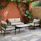 4-Piece Modern Outdoor Patio Furniture Set - All-Weather Rope Loveseat, 2 Accent Chairs, and Faux Marble Coffee Table with 4.5" Thick Cushions Multi Market World Inc.