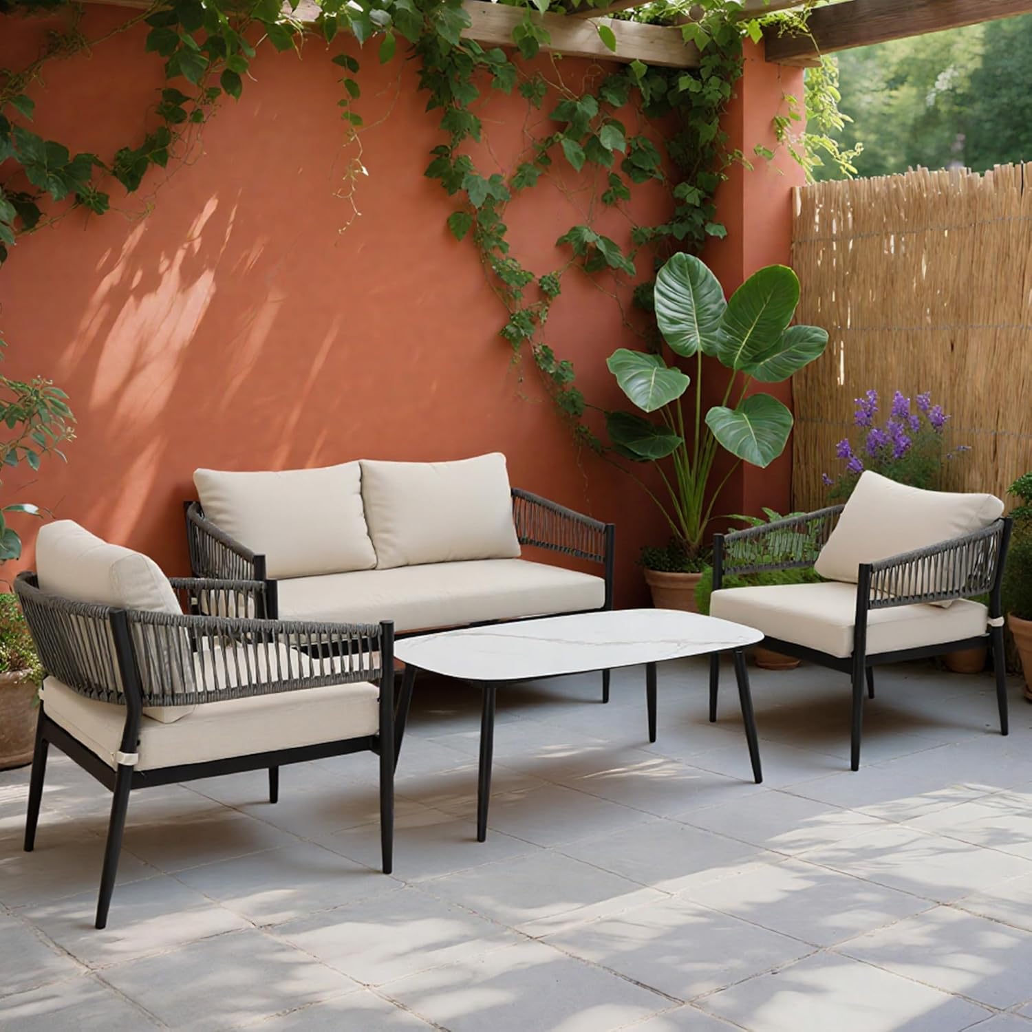 4-Piece Modern Outdoor Patio Furniture Set - All-Weather Rope Loveseat, 2 Accent Chairs, and Faux Marble Coffee Table with 4.5" Thick Cushions Multi Market World Inc.