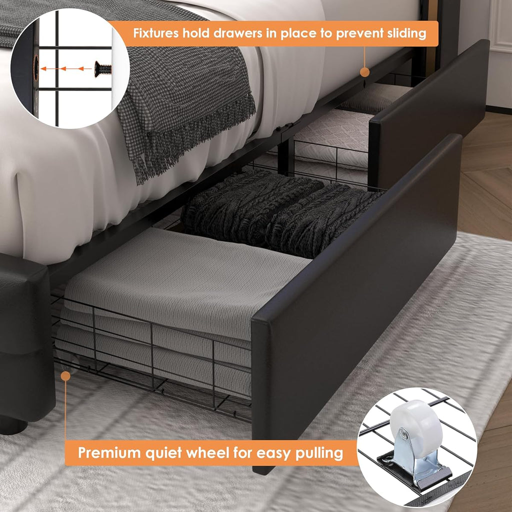 King Smart LED Platform Bed Frame with 4 Storage Drawers and Crystal Button,PU Black Multi Market World Inc.