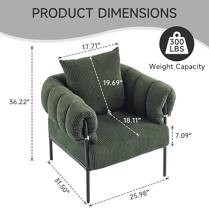 Sage Corduroy Accent Chair - Cozy Oversized Armchair with Matte Black Metal Frame - Mid-Century Industrial Reading Chair Multi Market World Inc.
