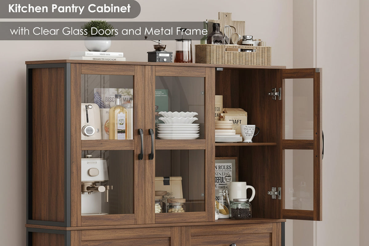 41.3" Large Kitchen Pantry Cabinet with Clear Glass Doors, 2 Drawers & Adjustable Shelves, Freestanding Storage Hutch with Metal Frame, Rustic Brown Multi Market World Inc.