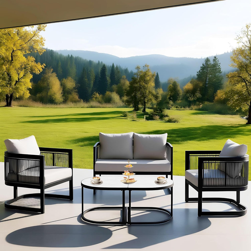 5-Piece Patio Furniture Set with 2-Seater Loveseat, 2 Accent Chairs, and Modular Marble-Style Tempered Glass Coffee Tables Multi Market World Inc.