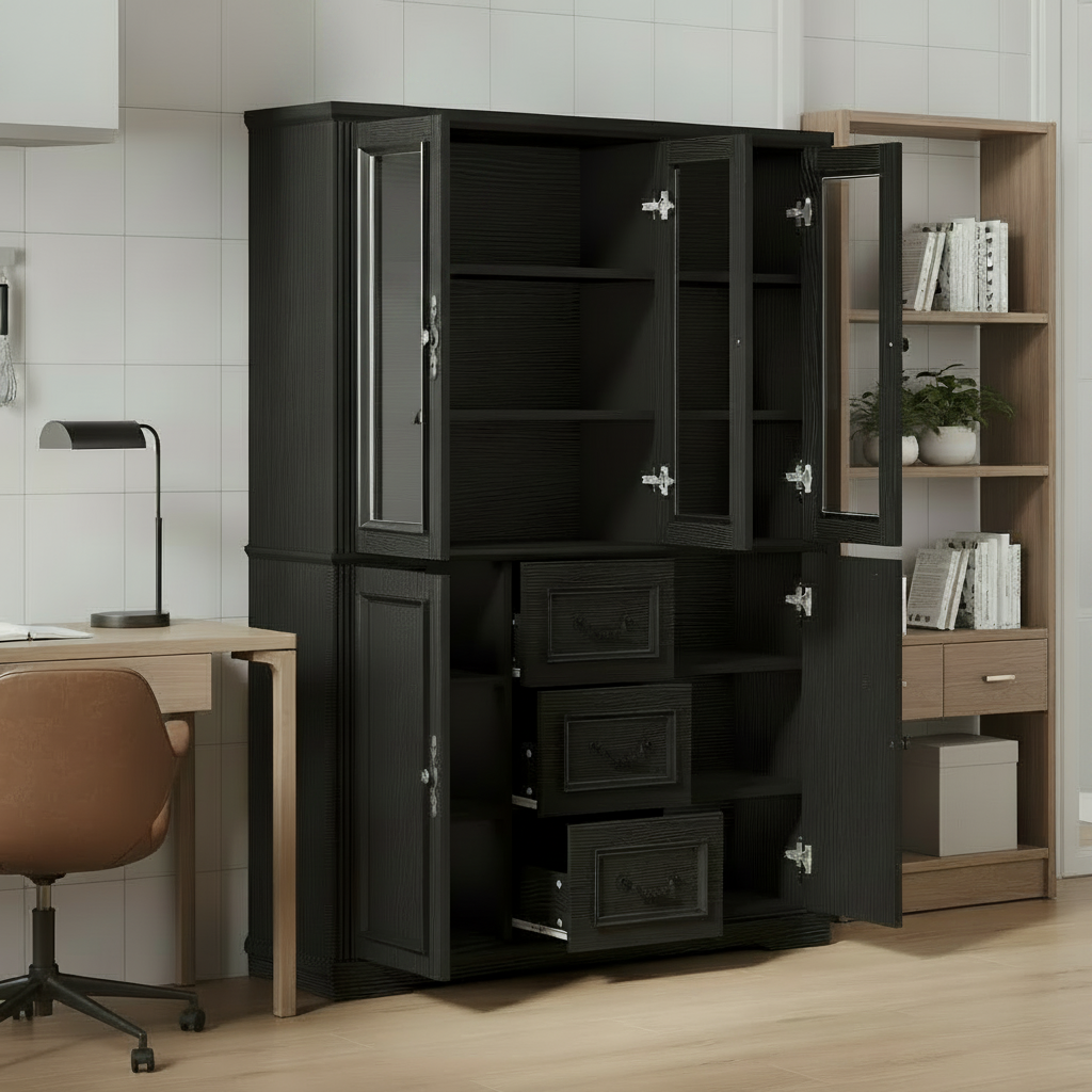 47.2" Large Kitchen Pantry Cabinet with Glass Doors, Hutch, and Drawers - Black Wood Grain Storage Cupboard for Dining Room and Living Room Multi Market World Inc.