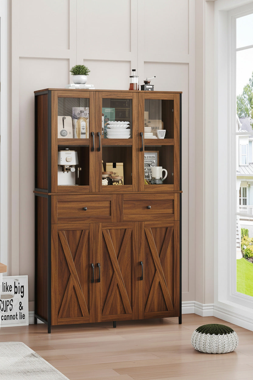 41.3" Large Kitchen Pantry Cabinet with Clear Glass Doors, 2 Drawers & Adjustable Shelves, Freestanding Storage Hutch with Metal Frame, Rustic Brown Multi Market World Inc.