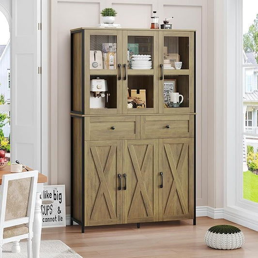 41.3" Large Kitchen Pantry Cabinet with Clear Glass Doors, 2 Drawers & Adjustable Shelves, Freestanding Storage Hutch with Metal Frame for Living Room, Dining Room, and Kitchen, Rustic Brown