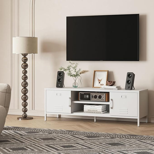 Modern Metal TV Stand for 55–60 Inch TVs – Industrial Style Entertainment Center with Storage Cabinets, Open Shelf, Cable Management & Ventilation, Mid-Century Media Console Table