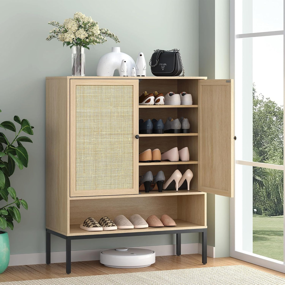 Rattan Shoe Storage Cabinet with 2 Doors, 39.5" Boho Shoe Organizer for Entryway with Adjustable Shelves and Open Cubby (fd) Multi Market World Inc.