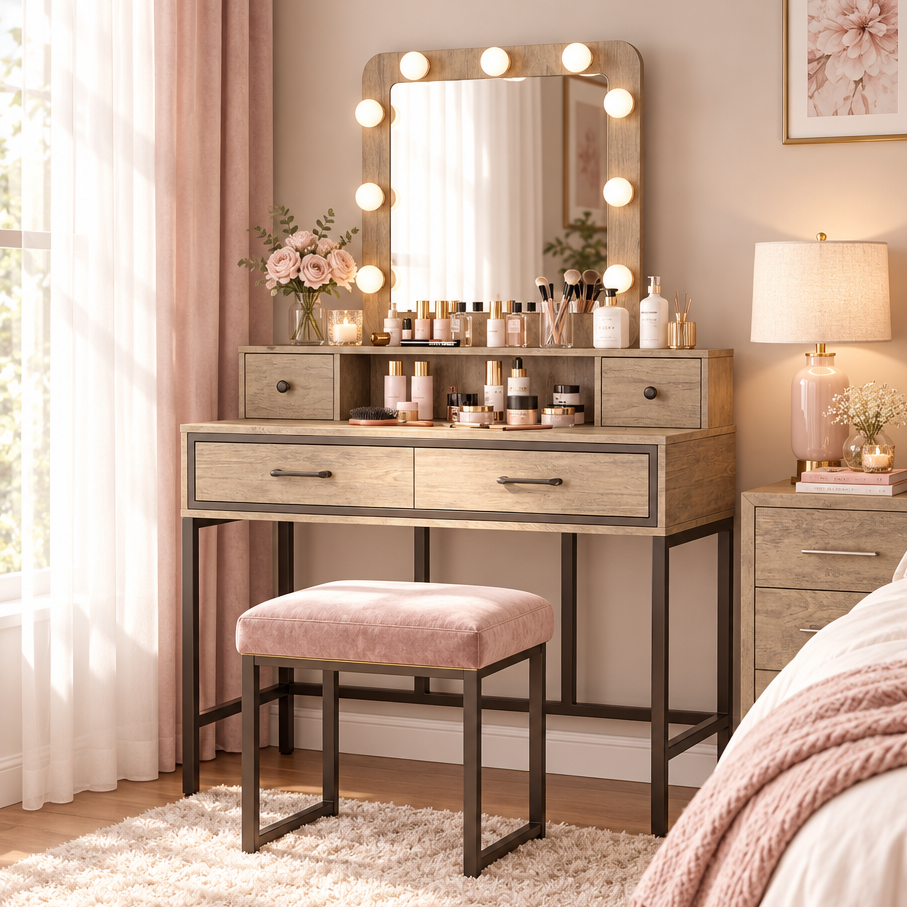 39.37" Makeup Vanity Desk with Lighted Mirror, Wood & Metal Frame, Storage Drawers & LED Bulbs Multi Market World Inc.