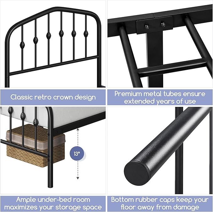 Metal Frame Bed, Black, Twin size,  Iron Headboard and Footboard