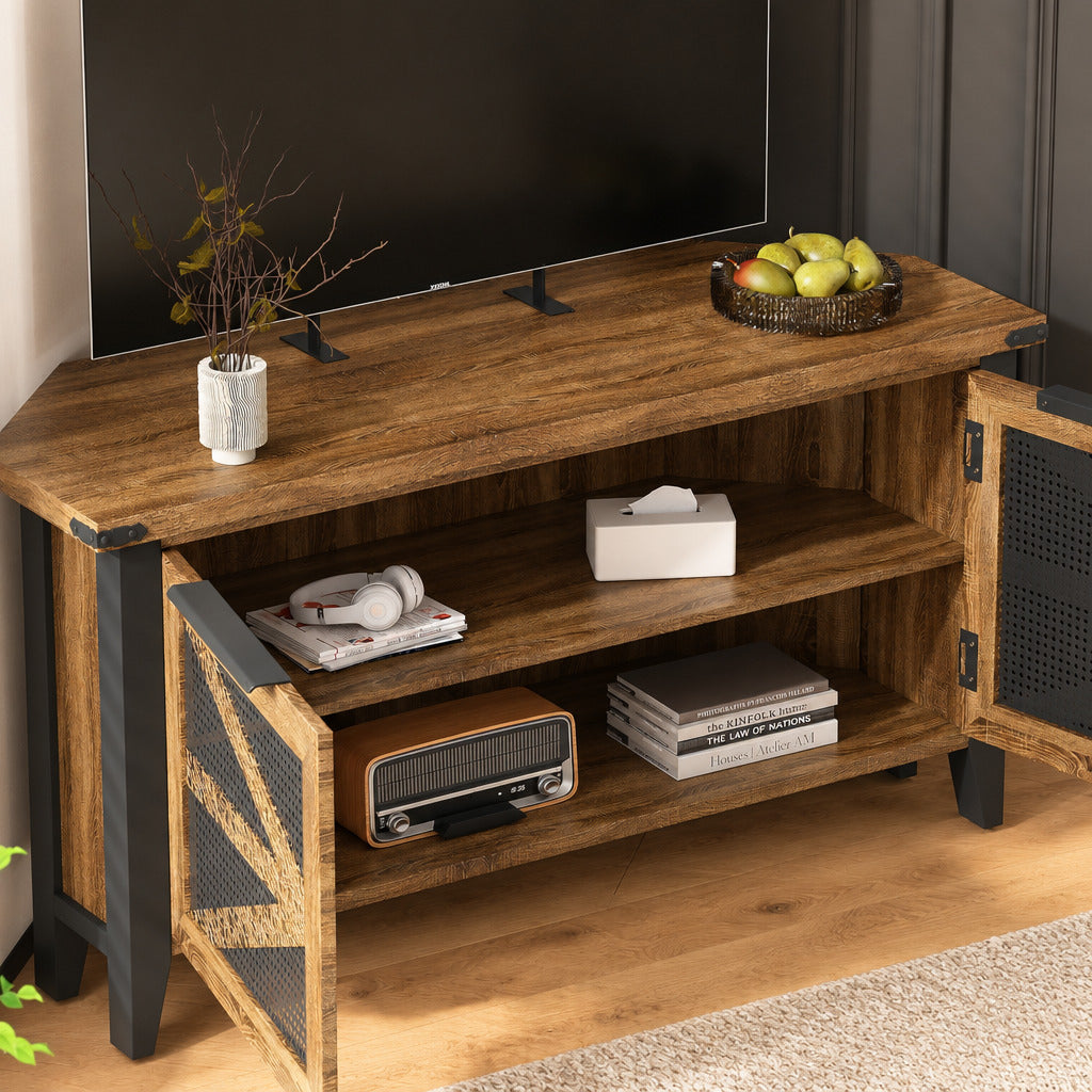 47" Farmhouse Corner TV Stand/ Accent Cabinet with Mesh Doors & Dark Wood Top - White Multi Market World Inc.