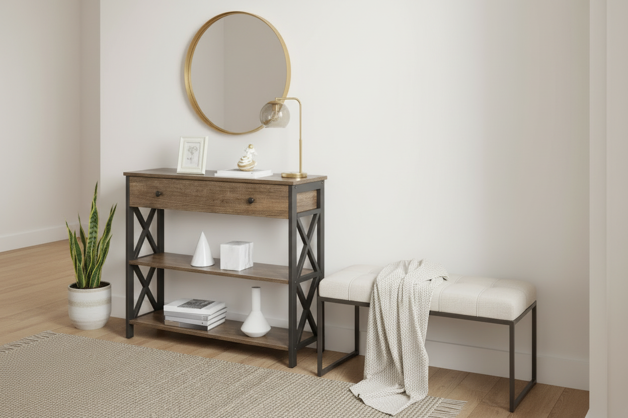 Industrial Console Table with Drawer – 100cm Narrow Entry Table with 2-Tier Storage Shelves and Metal Frame, Taupe Wood Multi Market World Inc.