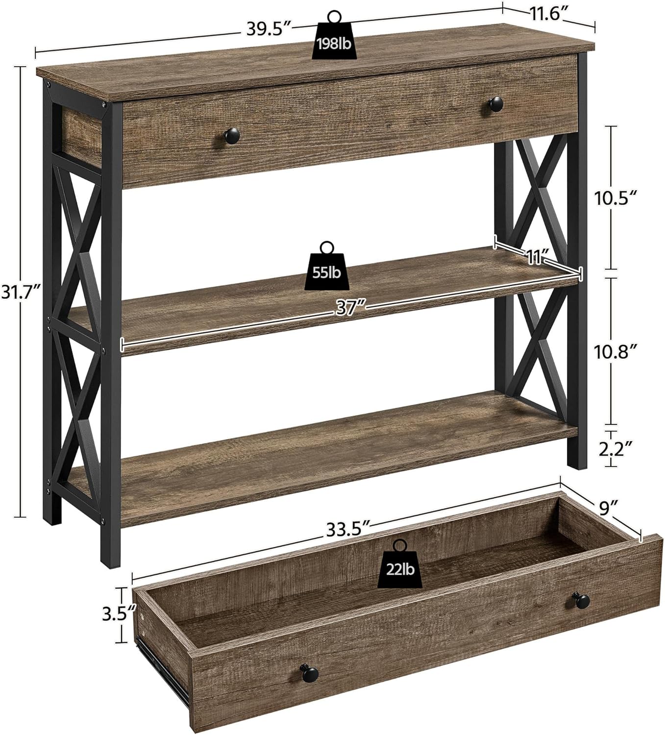 Industrial Console Table with Drawer – 100cm Narrow Entry Table with 2-Tier Storage Shelves and Metal Frame, Taupe Wood Multi Market World Inc.